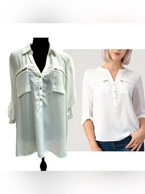 Mandee White Utility Pocket V-neck half button down Blouse roll tab sleeve XL
